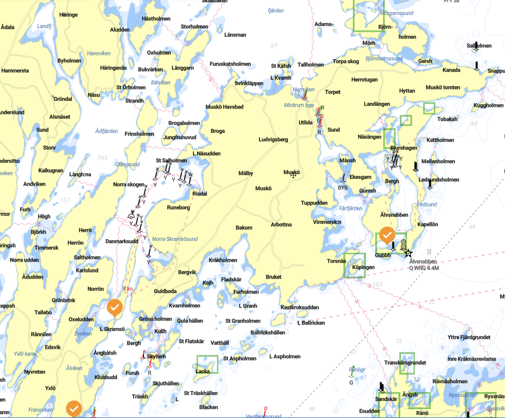A detailed map of a lake surrounded by various islands, towns, and geographical features, featuring navigational markings, routes, and points of interest.