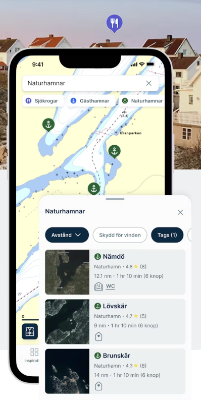 Mobile phone screen displaying a map of Naturhamnar with locations like Nämndö, Lövskär, and Brunskä, indicating distance, travel time, and amenities such as toilets, set against an outdoor background of houses and rooftops.