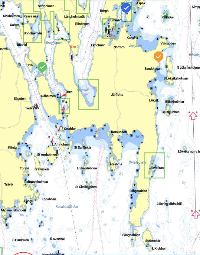 Map of lakes and islands with marked points, routes, and navigation markers in a Scandinavian region.
