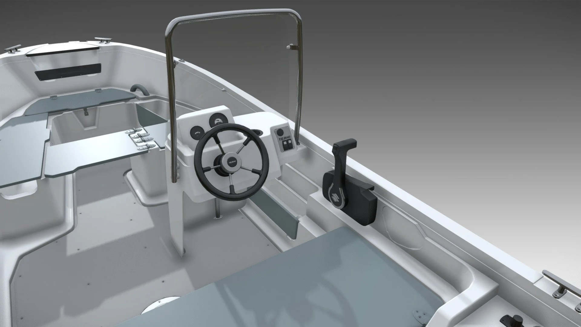 View of a small motorboat's interior, showing steering wheel, control panel, and seating with a metal railing.