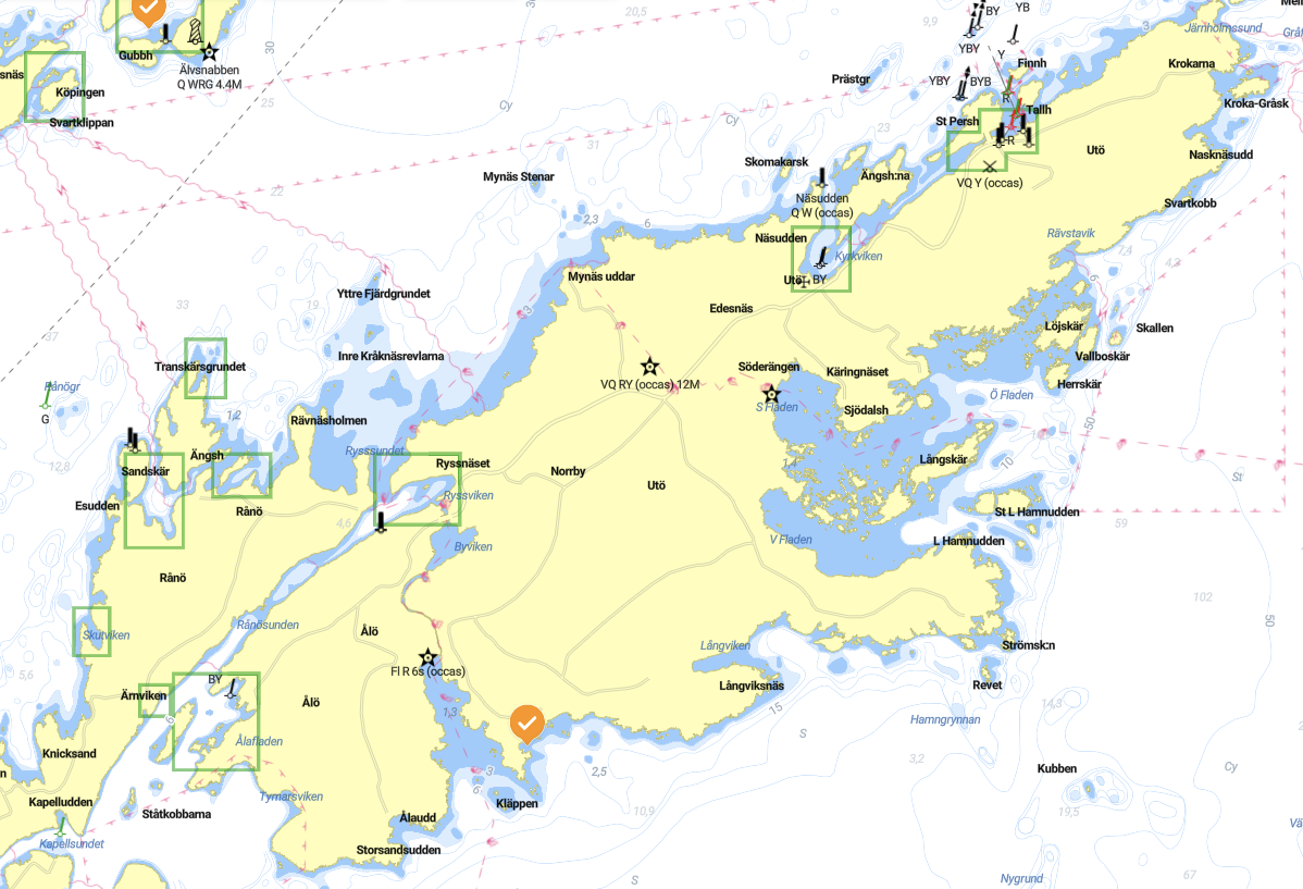 Sailing navigation map showing islands, depths, and navigation aids around the archipelago. Multiple green boxes highlight specific locations, and icons indicate navigational points and routes in the area.