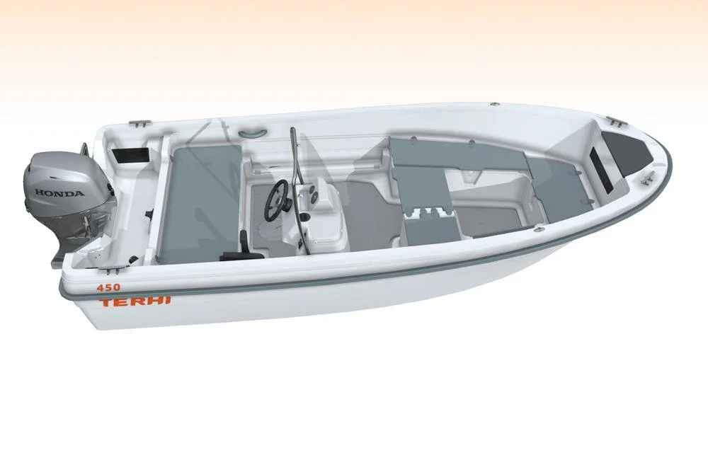 A small white motorboat with a Honda outboard engine, seating area, steering wheel, and storage compartments.