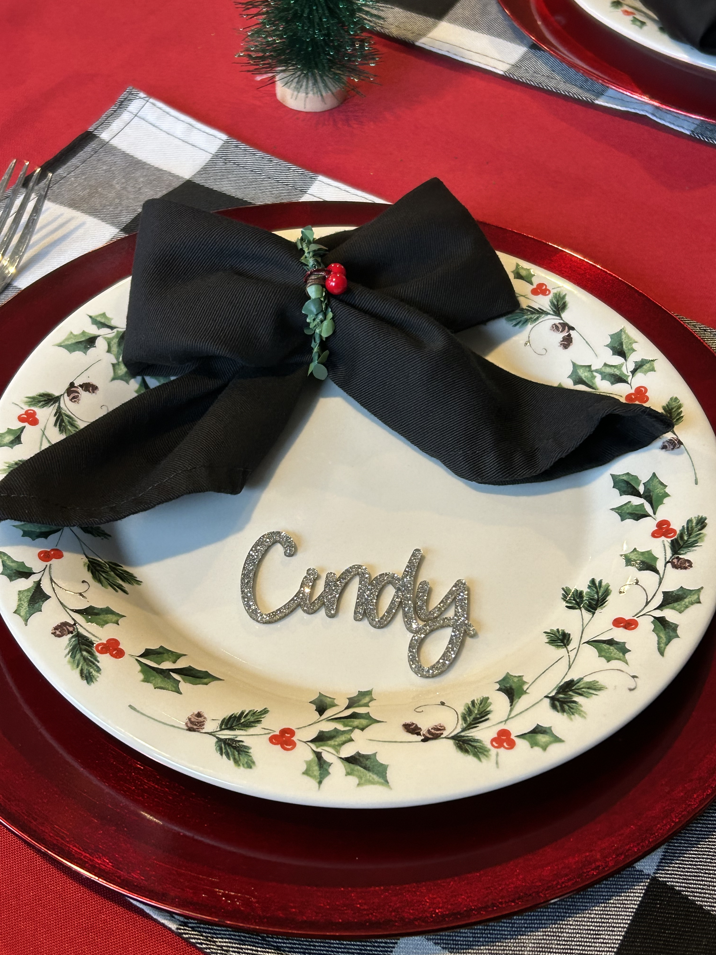 laser cut name place holders for a Christmas meal event