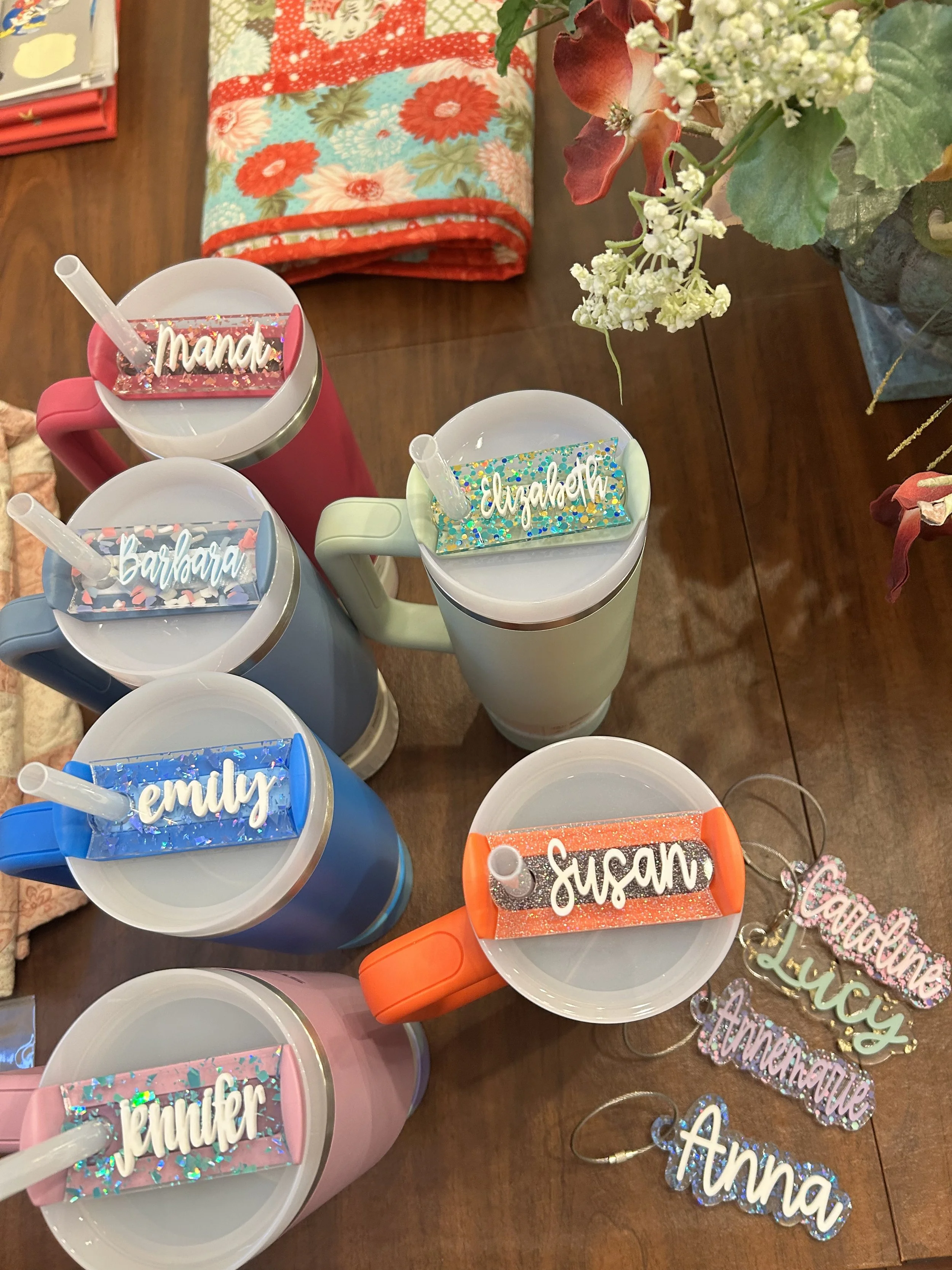 Tumber lid tags and keychains for a girls trip