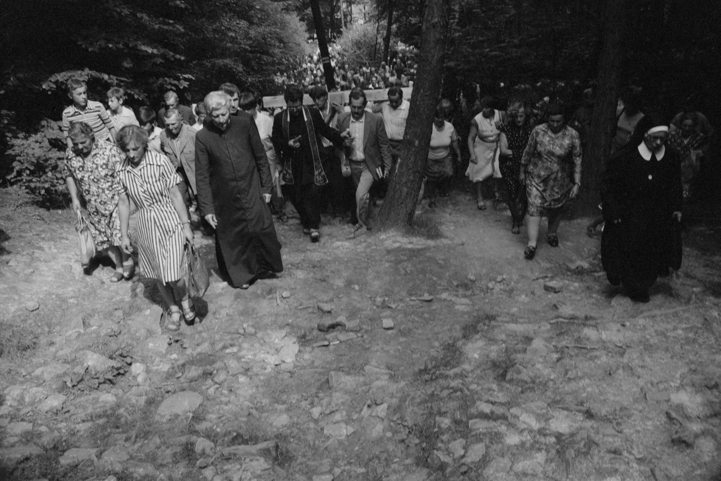 A large group of people, including men and women, walking on a rocky outdoor path surrounded by trees. Some are dressed casually, others in formal or religious attire. The image appears to be taken in a forested area.