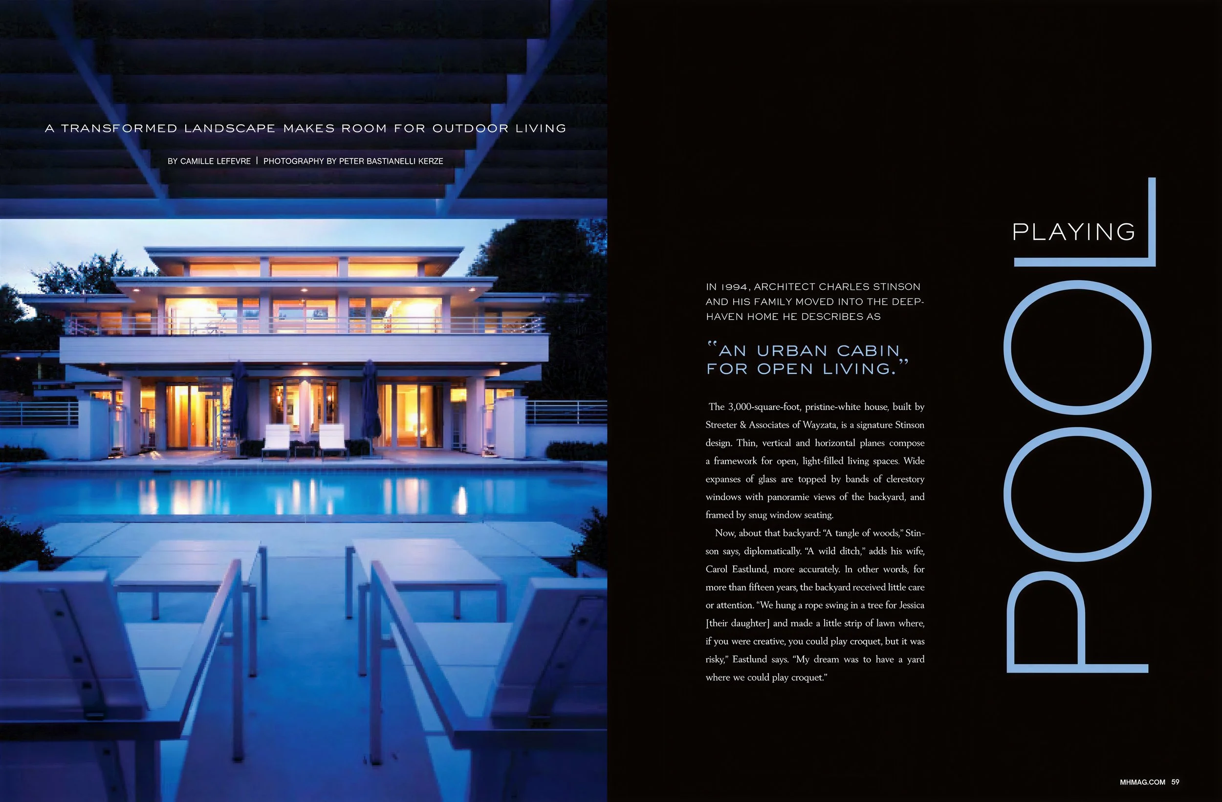 Image of a modern multi-story house with a pool in the foreground, illuminated with warm lighting, with a dark sky above. The left side of the image features the house and pool, while the right side contains text about architecture and outdoor living