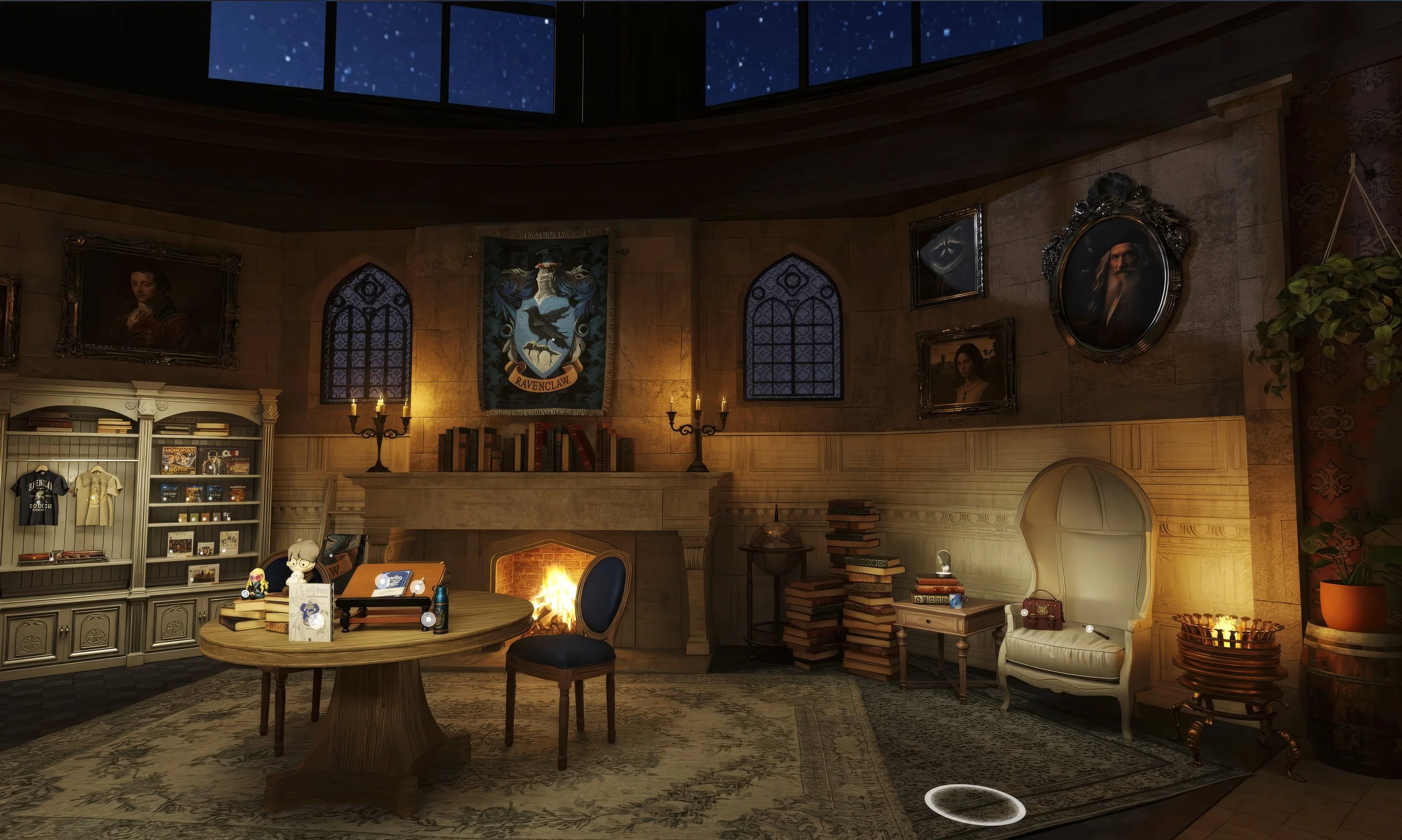 A cozy, well-lit study or library with a fireplace, surrounded by books, framed portraits, and banners on the walls, featuring a round wooden table with a chair and various decorative items.