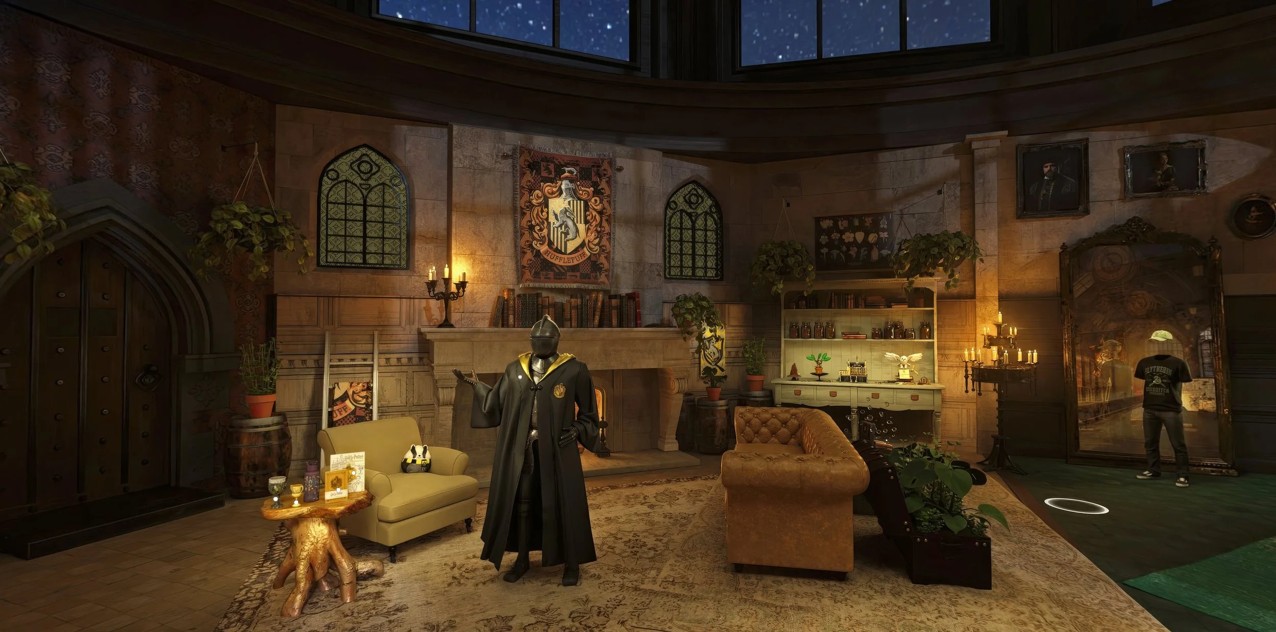 A fantasy-style interior with medieval and modern decor, featuring a fireplace, ornate furniture, plants, and a person standing near a mirror, with a night sky visible through large windows.