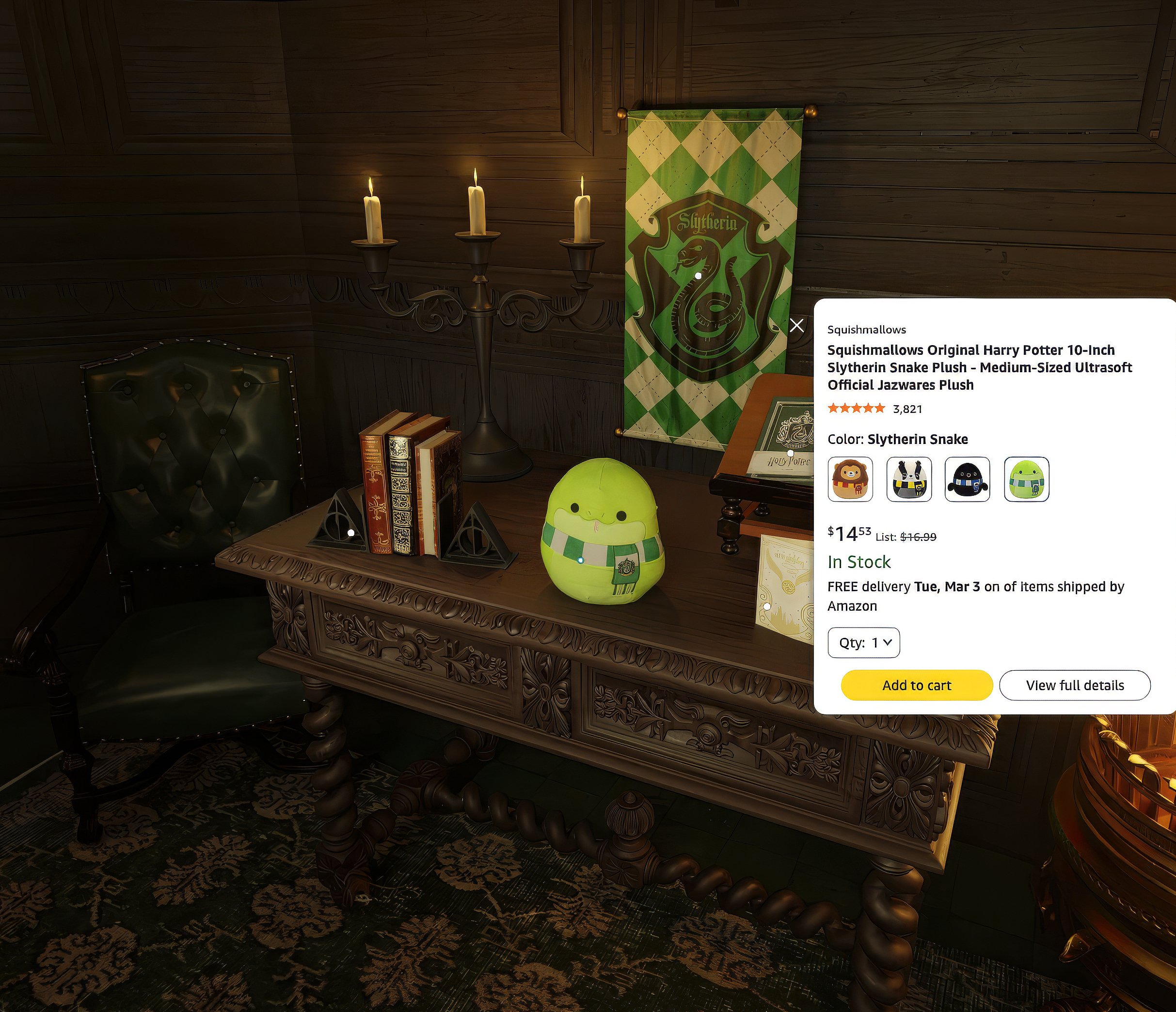 A decorative room with dark wood paneled walls, a green Slytherin banner from Harry Potter, a black leather chair, a candelabra with lit candles, books, geometric decorations, and a plush Squishmallows Harry Potter character on a wooden desk.