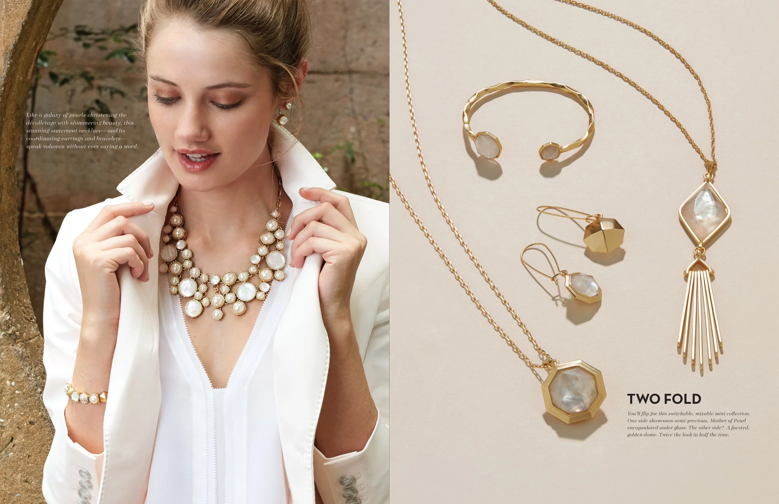 A woman wearing pearl jewelry, including earrings, a necklace, and a bracelet, is shown on the left side. On the right side, there is a display of gold jewelry including a necklace, a bracelet, a ring, and earrings, with some pieces featuring mother 