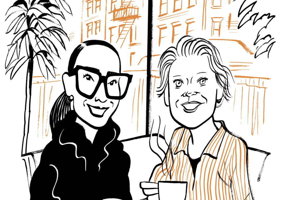 Line drawing of two women sitting outdoors with a cityscape and palm tree in the background, one woman wearing glasses and a hoodie, the other in a striped shirt, both smiling and holding cups.