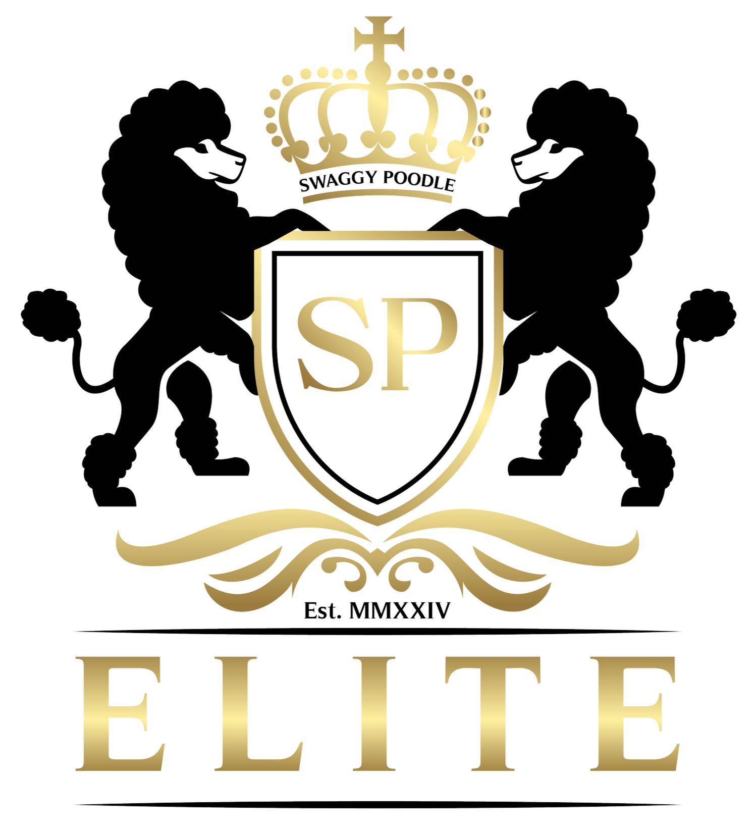 A black and gold crest with a shield at the center, marked with the letters SP. Two black lions support the shield, topped with a crown and a cross. The text 'Swaggy Poodle' is written on the crest, and the establishment year is represented as MMXXIV (2024). Below the crest is the word 'Elite' in large gold letters.