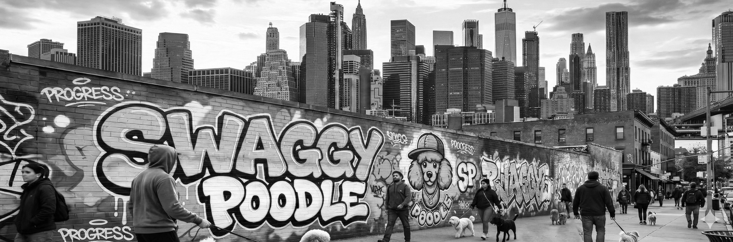 Black and white city streetwear scene with graffiti wall used for Swaggy Poodle urban pet apparel branding