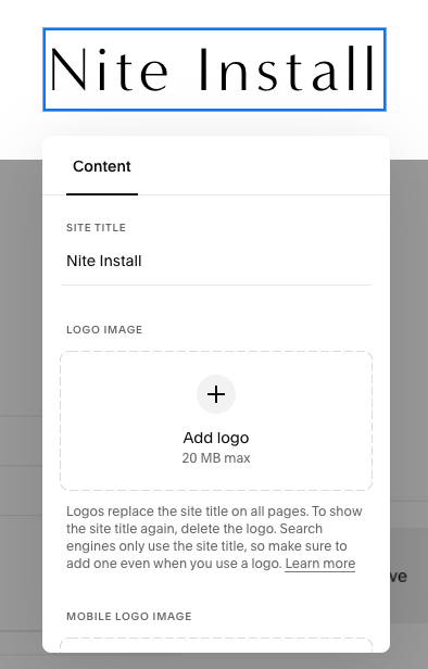 Screenshot of a website content management interface with the title 'Nite Install' at the top and options to add a logo image.