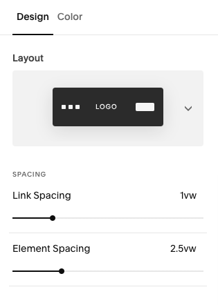 Screenshot of a website design interface showing layout and spacing options, including a black rectangle labeled 'LOGO', link spacing set to 1yw, and element spacing set to 2.5yw.