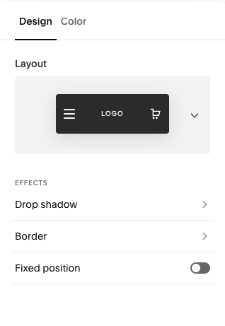 Interface settings menu with options for design, color, layout, effects, border, and fixed position, including a logo and shopping cart icon