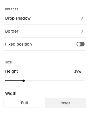 Screenshot of editing options for effects, size, and position in a graphic design or photo editing app.