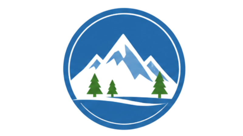 A circular logo featuring stylized mountains, three trees, and a green field under a blue sky.