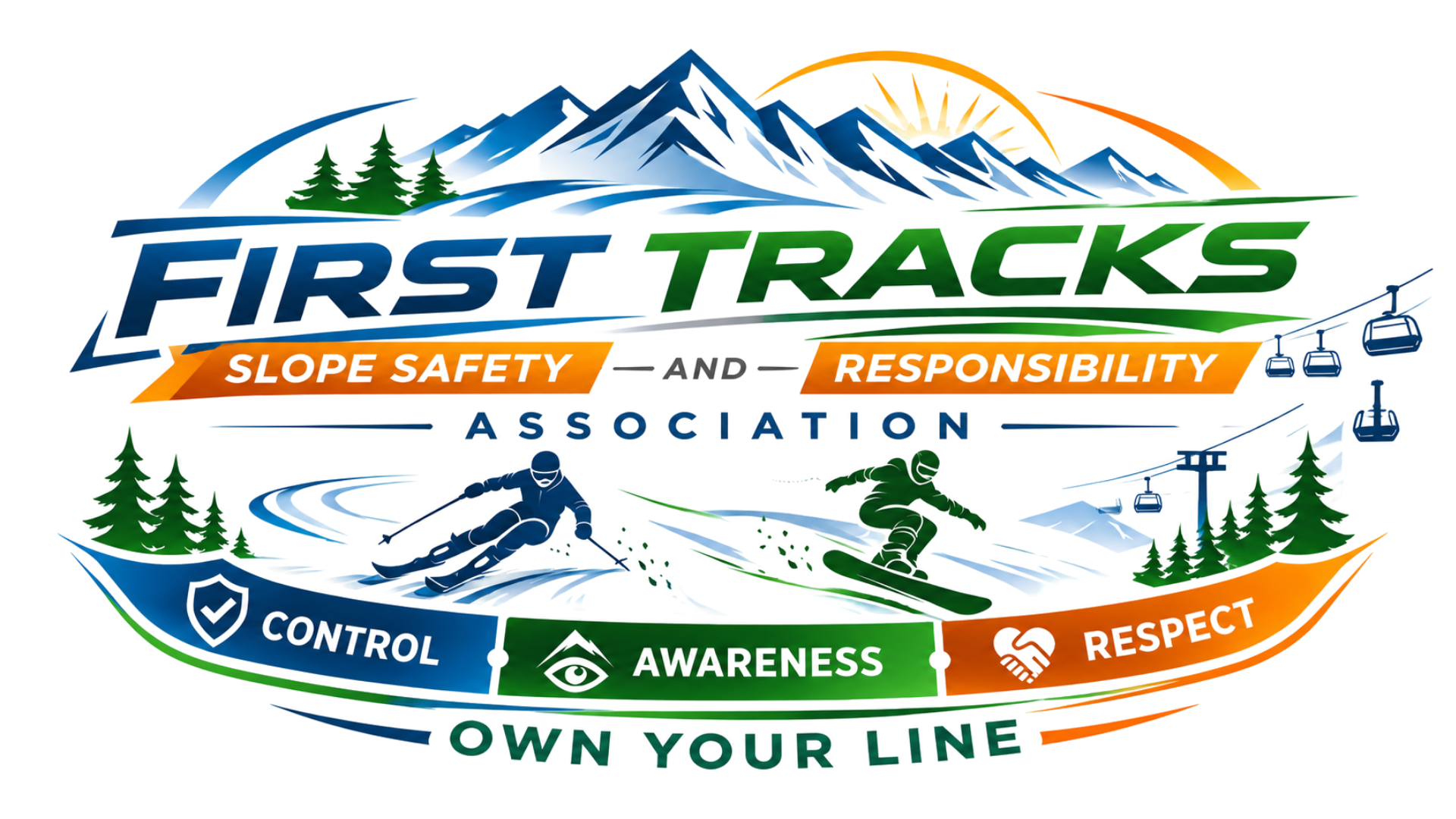Illustration of mountain landscape with skiers, ski lift, and trees. Features the text "First Tracks" with safety, responsibility, control, awareness, and respect slogans, emphasizing safety and environmental awareness in skiing.