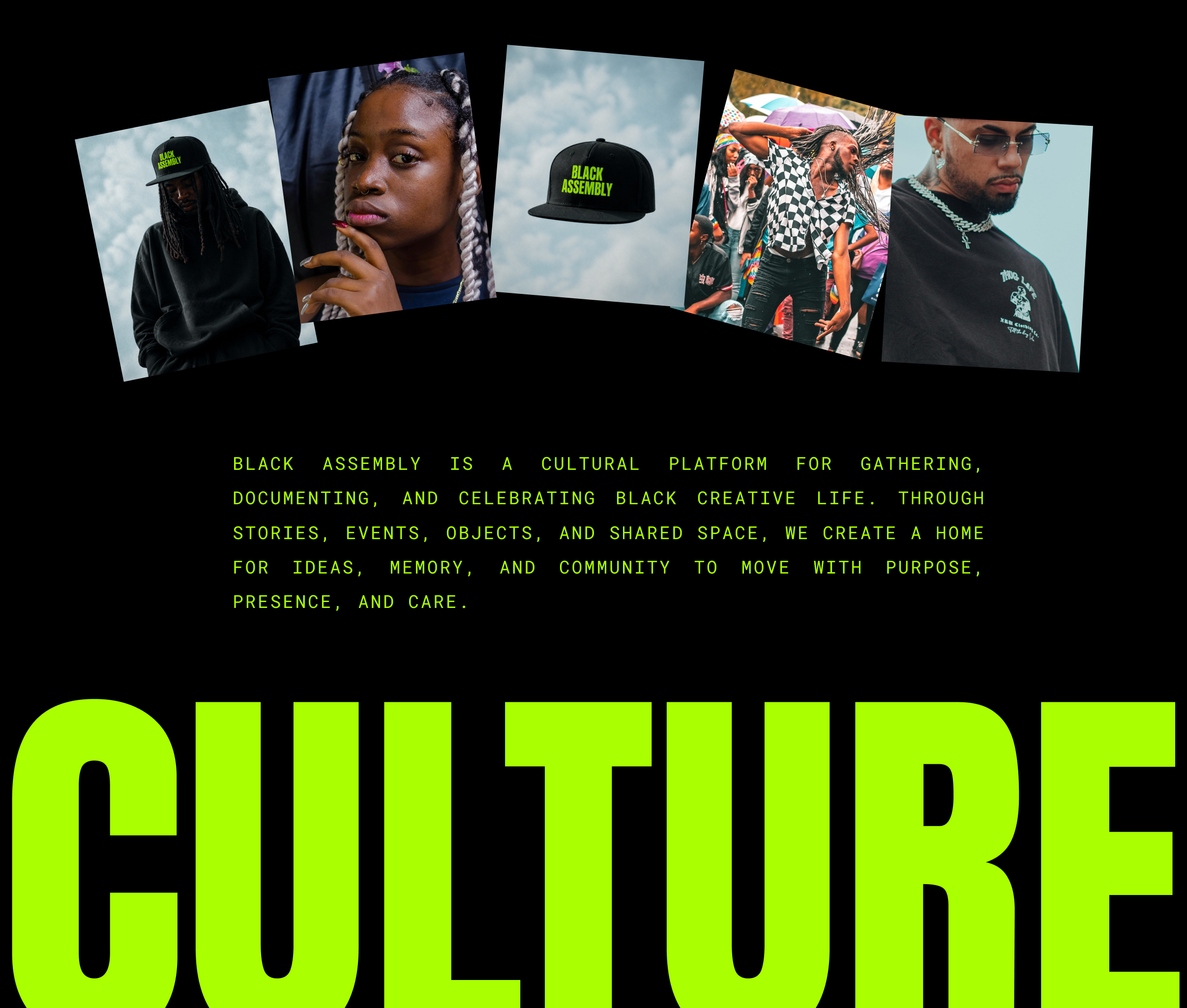 A collage of five photos with the text "BLACK ASSEMBLY" and a description of their purpose.