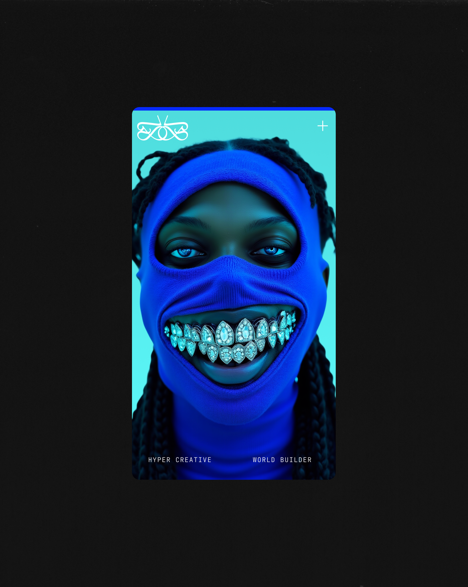 Close-up portrait of a person wearing a blue mask and headband, with striking blue eyes and diamond-encrusted teeth, against a teal background.