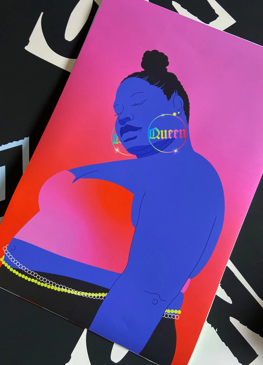 An illustrated portrait of a woman with her eyes closed, wearing large earrings that say 'Queen', against a pink and orange gradient background. The woman has a bun hairstyle and is depicted in blue tones.