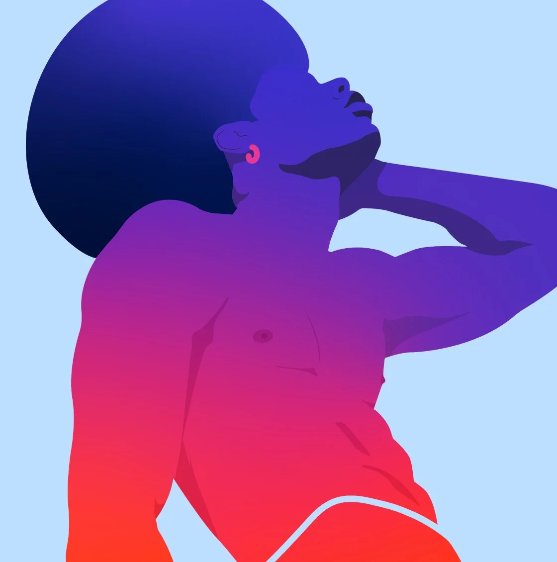 Digital illustration of a woman with an afro hairstyle, wearing a pink earring, with her eyes closed and head tilted back, against a light blue background, in vibrant gradient colors.