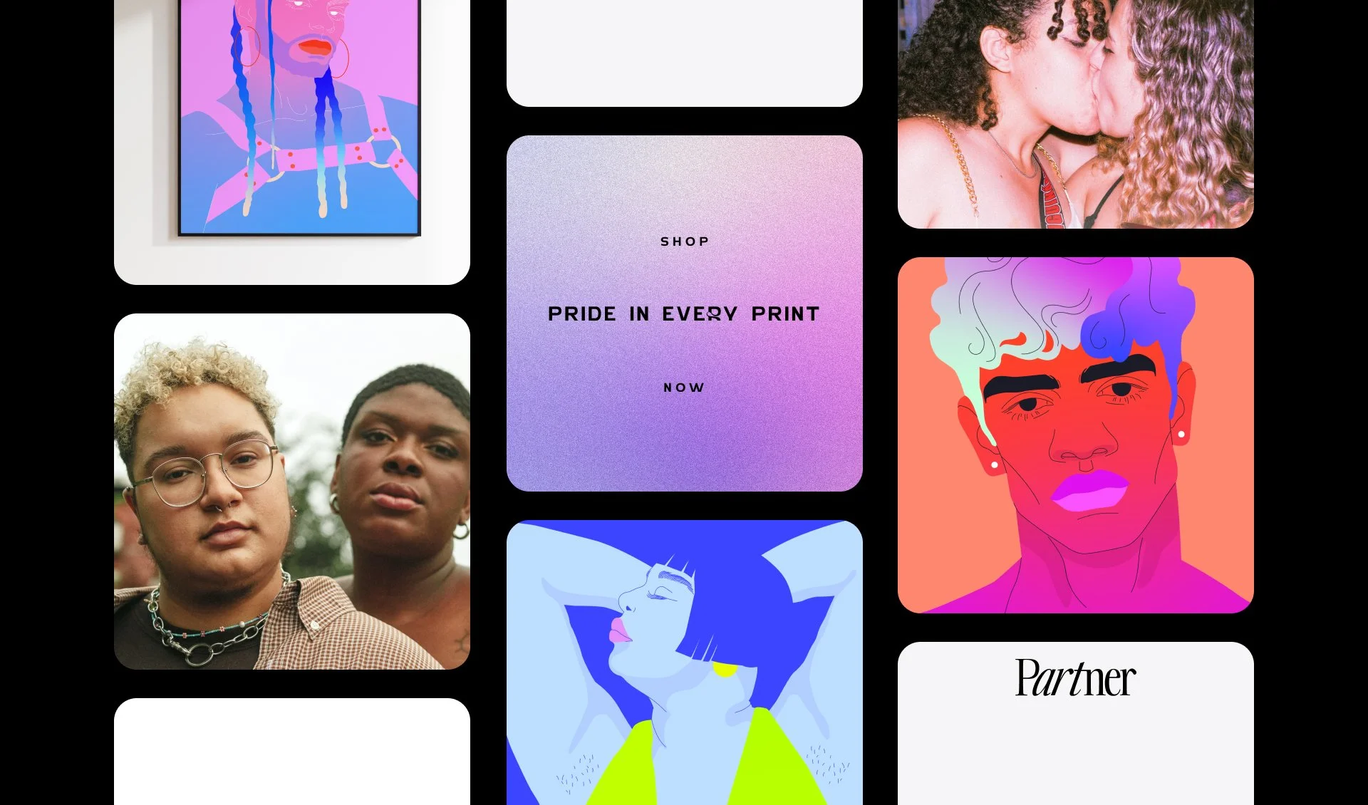 Collage of diverse portraits and illustrations celebrating LGBTQ+ pride, including photos of two women kissing, two women with short curly hair, a woman with colorful makeup, and abstract artwork with bold colors and lines. Some sections include text promoting pride collections and shopping.