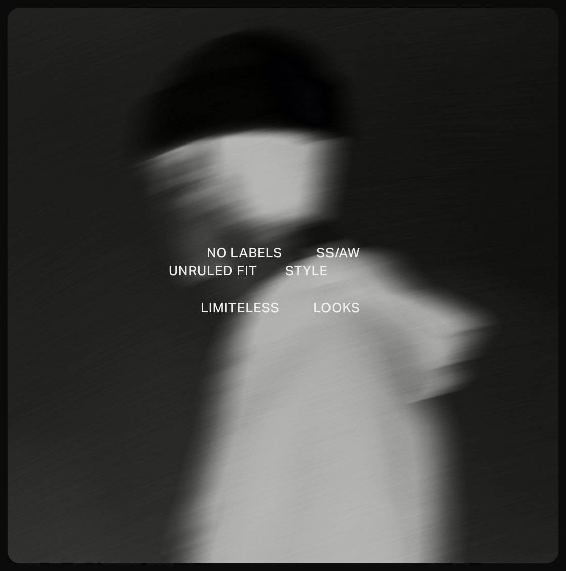 Monochrome blurred fashion editorial with bold typography reading "No Labels, Unruled Fit, Limitless Looks," capturing the essence of modern style and conceptual branding.