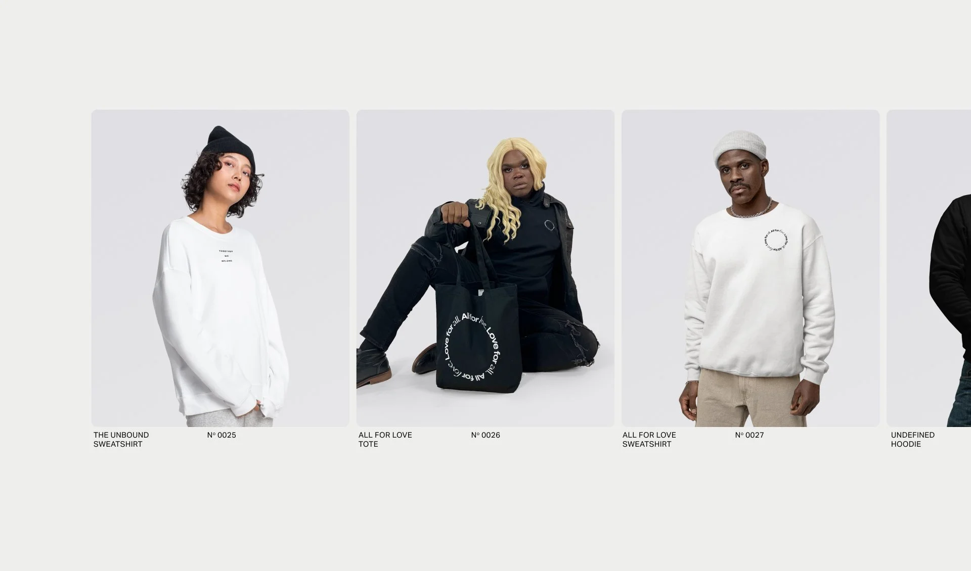 A clean product display featuring diverse models in modern minimalist fashion. The collection highlights effortless style with neutral tones, bold typography, and a contemporary aesthetic.