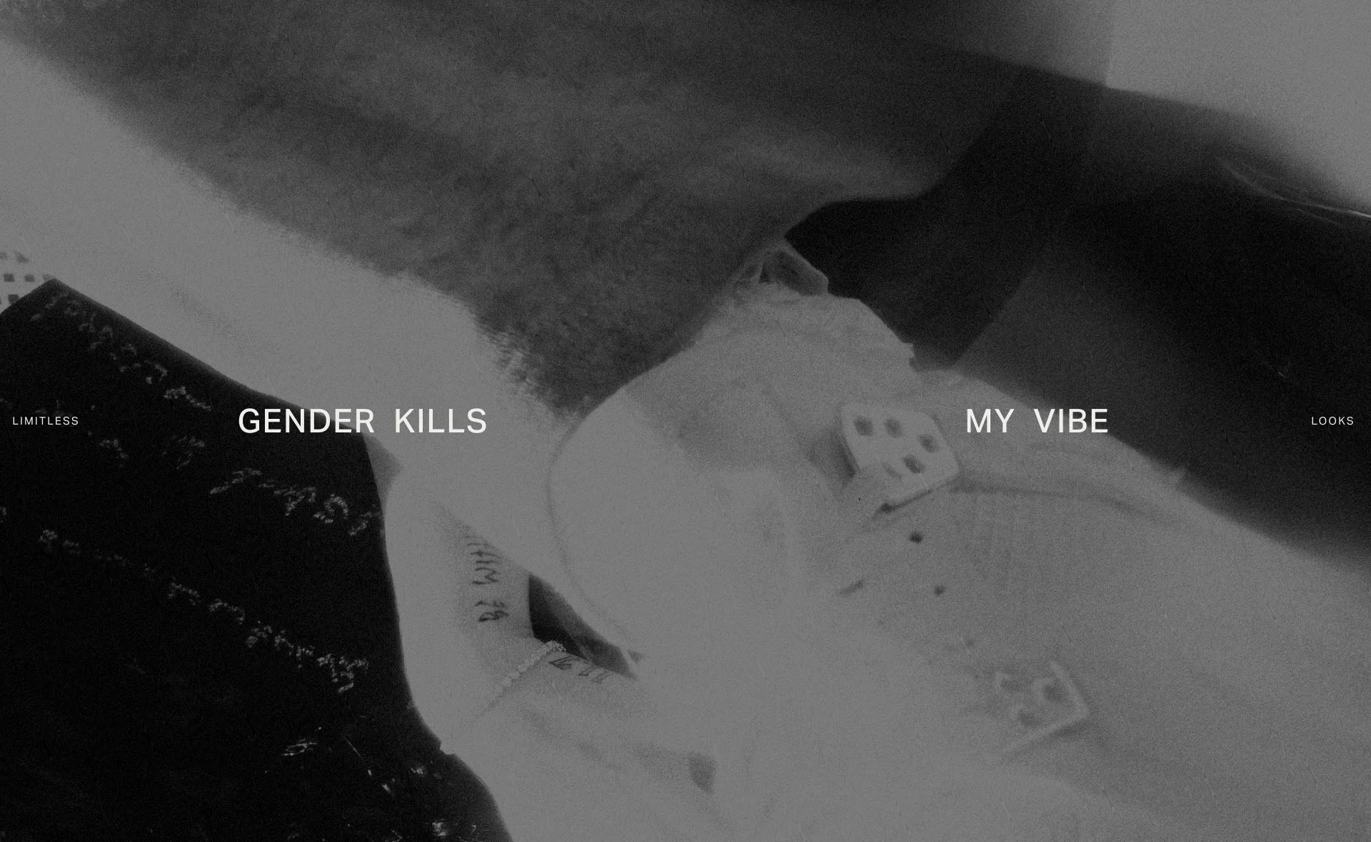 A bold monochrome editorial with overlaid text, merging high-contrast visuals and expressive typography to challenge conventional perspectives on identity and style.