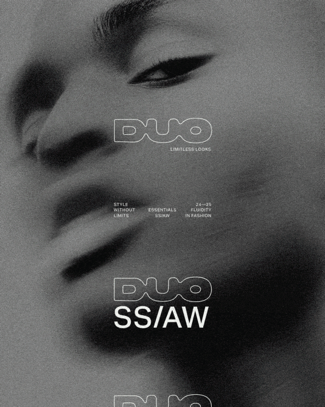 Close-up of a person's face with a focus on the eye, nose, and lips, overlaid with text promoting DUO fashion branding and collection.