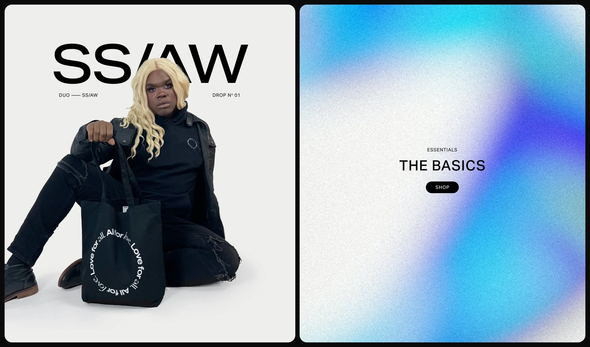 A striking split-screen design featuring a model with a tote bag and a gradient-textured background, introducing the SS/AW collection with bold typography and modern branding.