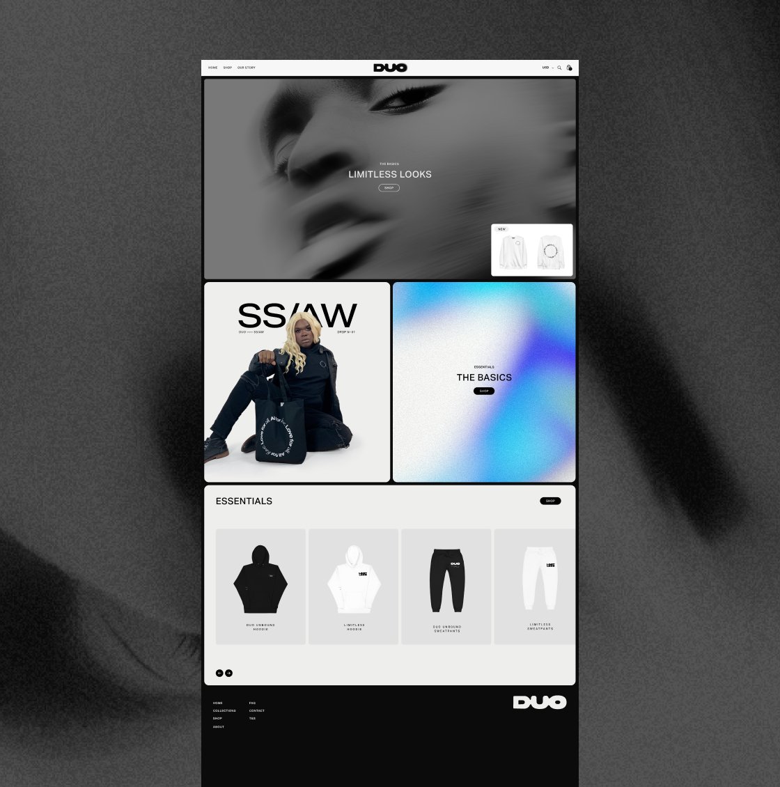 A full-page DUO website mockup showcasing a clean layout with dynamic visuals, bold typography, and a modern shopping experience. A seamless blend of fashion, branding, and digital aesthetics.