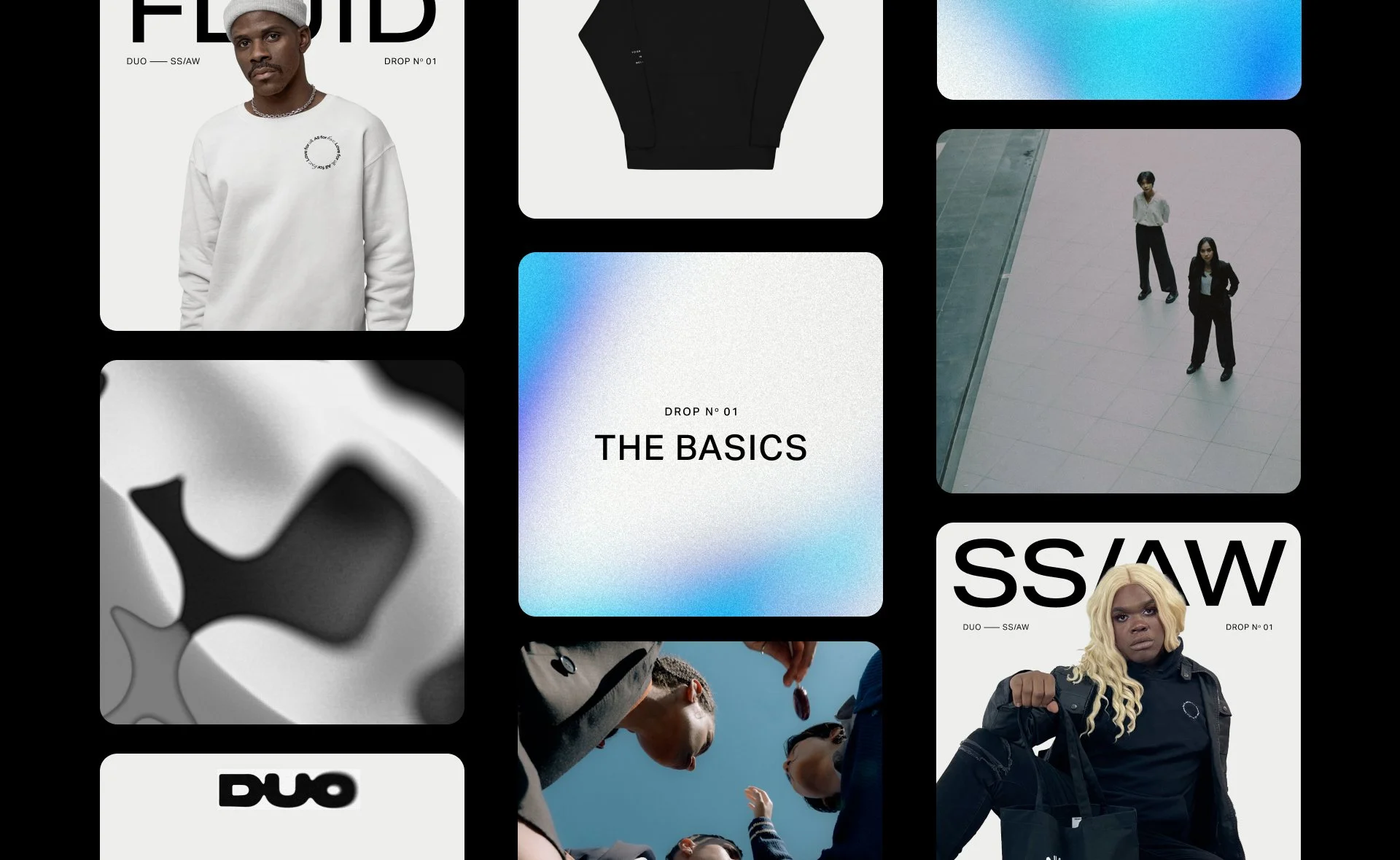 A visually engaging collage of DUO branding, fashion photography, and abstract textures, combining high-end style, modern retail elements, and conceptual storytelling in a dynamic grid format.