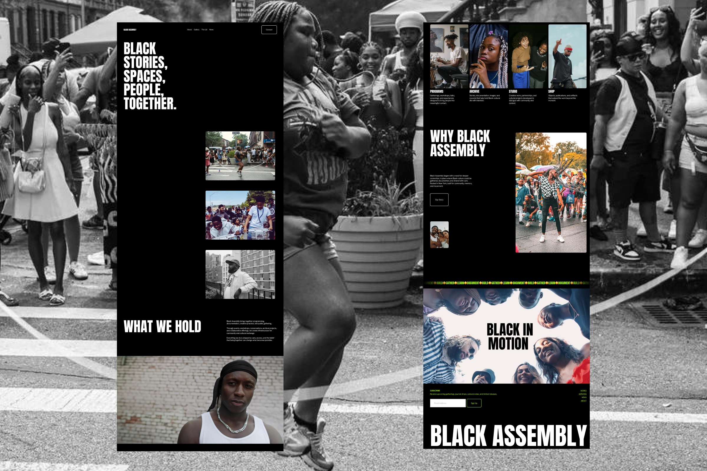A collage of Black community members and events, including street gatherings, protests, and cultural celebrations, with overlaying text about Black stories, spaces, people, and movements.