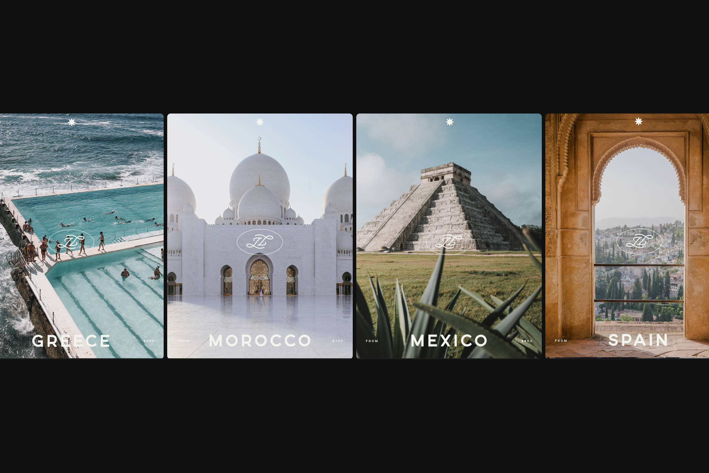 Collage of four travel destination posters featuring Greece, Morocco, Mexico, and Spain, each with iconic landmarks or scenery and prices listed.