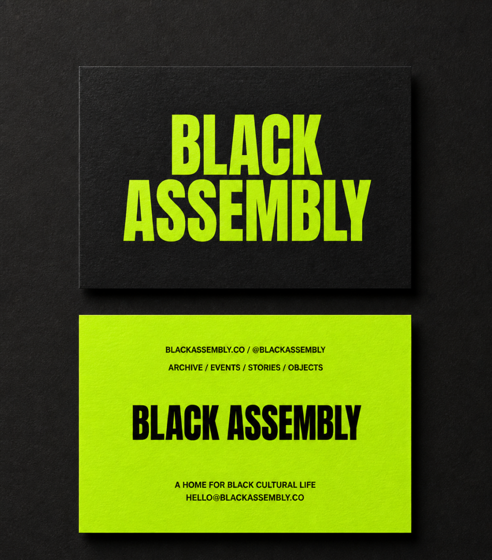 Black and neon yellow cards with text promoting Black Assembly, a platform for Black cultural life and events.