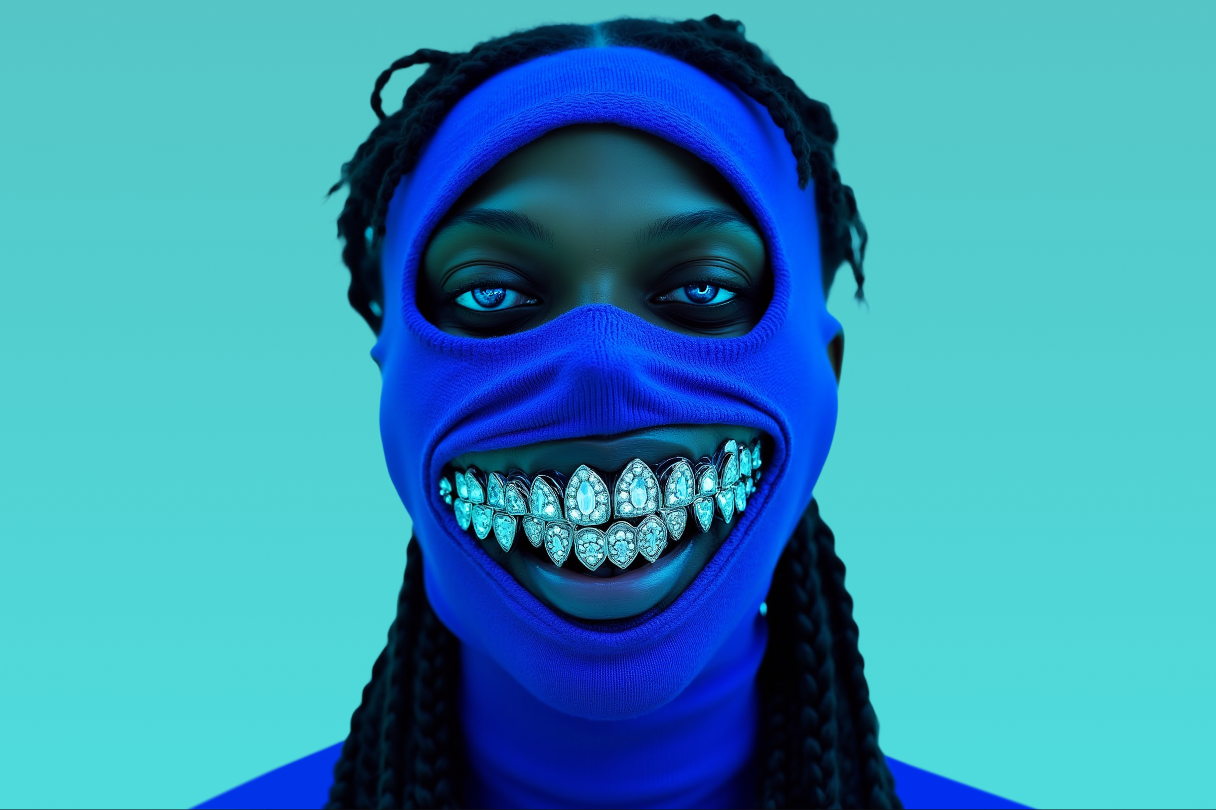 Close-up of a person wearing a blue face covering and matching hoodie, with a silver grill and gemstones as teeth, and striking blue contact lenses, against a solid background.