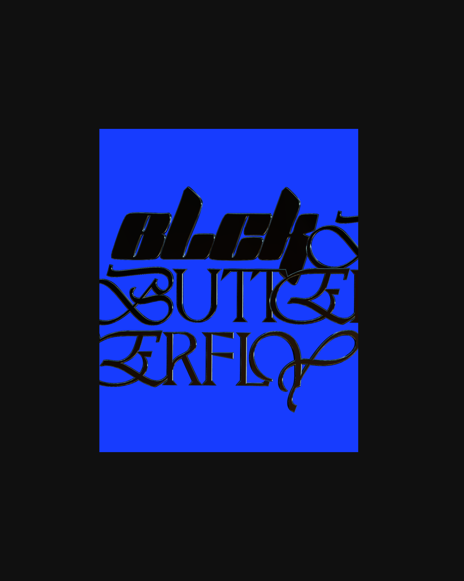 Close-up of a black button with red trim above a blue rectangular area that contains stylized black and gold text reading 'Black Suit'.