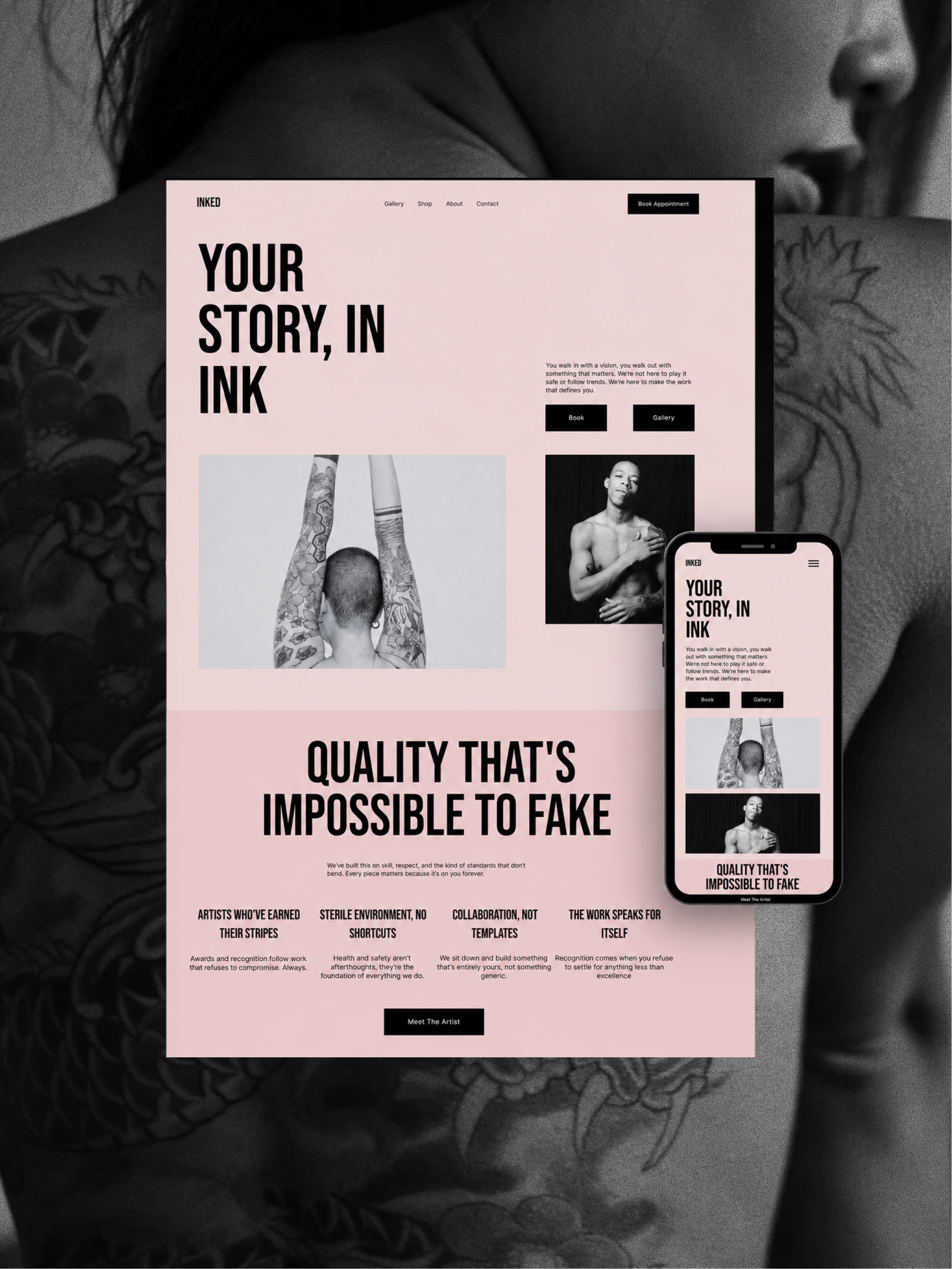 A website displayed on a computer and smartphone screens with the headline "Your Story, in Ink" and a photo of a tattooed person with their arms raised, seen from the back, revealing tattoos on their arms and head. The page includes sections about art, standards, safety, collaboration, and recognition, with buttons labeled "Book," "Gallery," and "Meet The Artist." The background shows a close-up of a tattooed person.