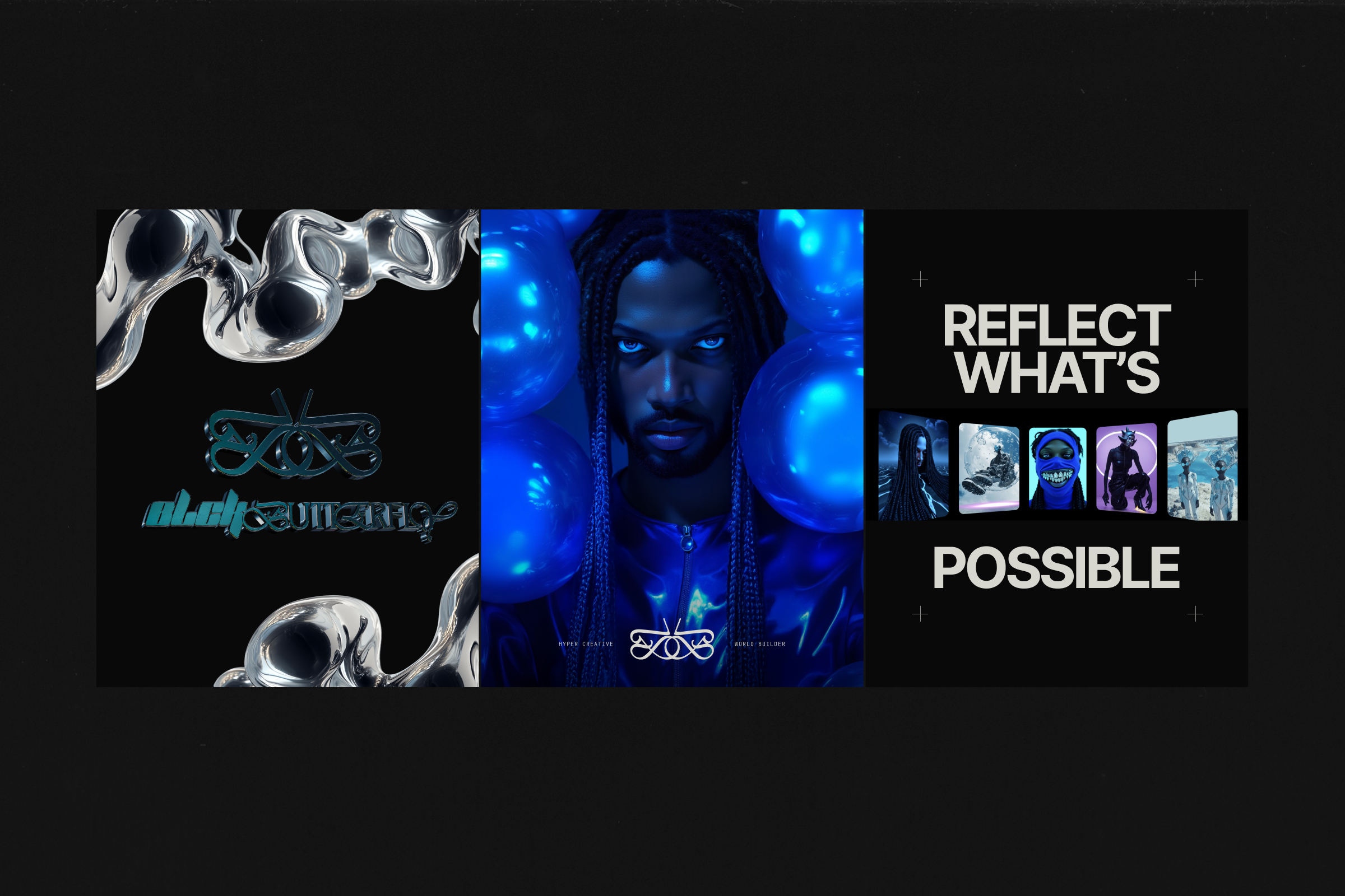 A digital art composition featuring a woman with braided hair and glowing blue eyes surrounded by glowing blue orbs, with the words "Reflect What's Possible" on the right side and abstract metallic shapes on the left.