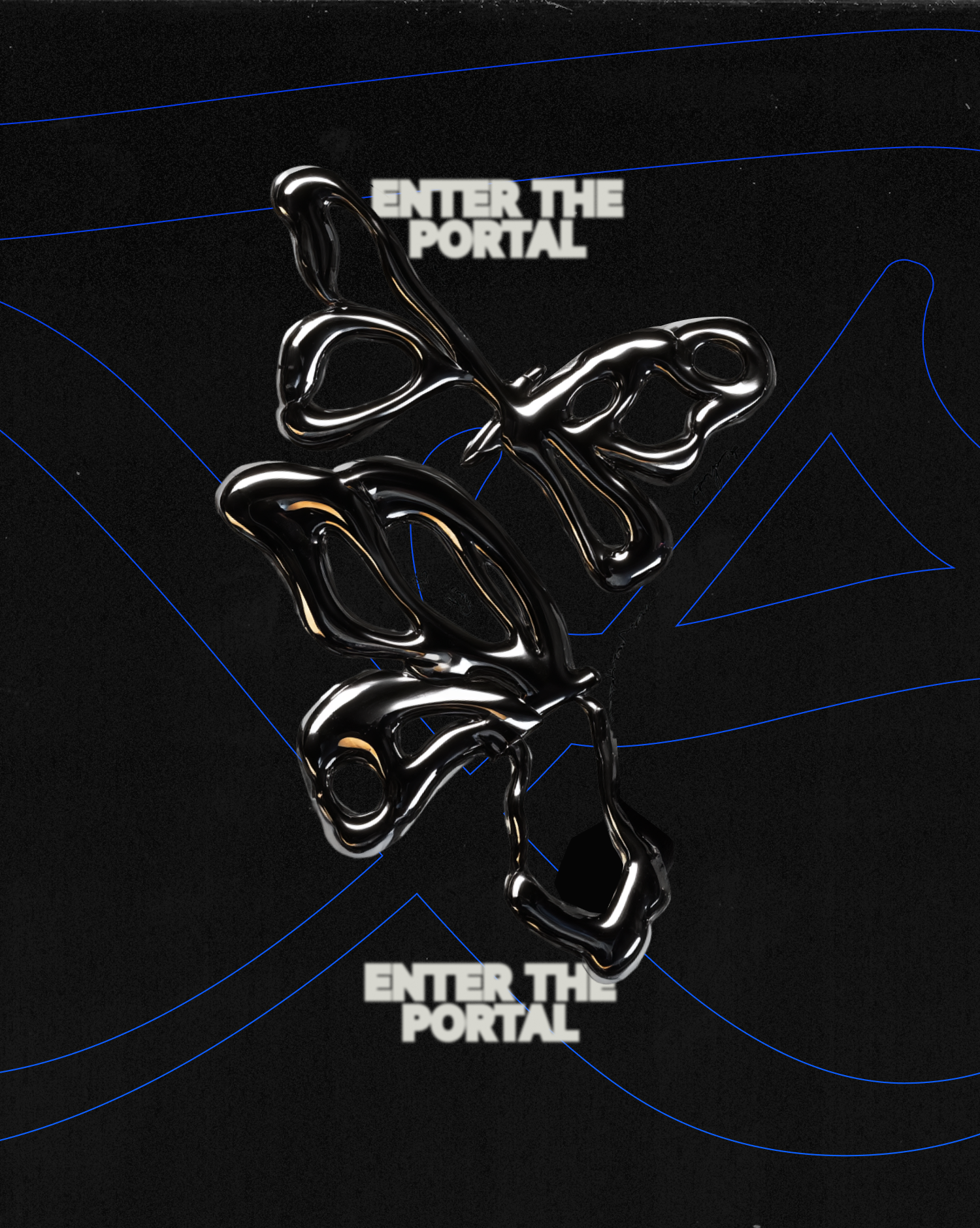 Digital art with a black abstract metallic sculpture resembling a horse, set against a black background with blue geometric lines. In the upper part of the image, white text reads, 'ENTER THE PORTAL.'