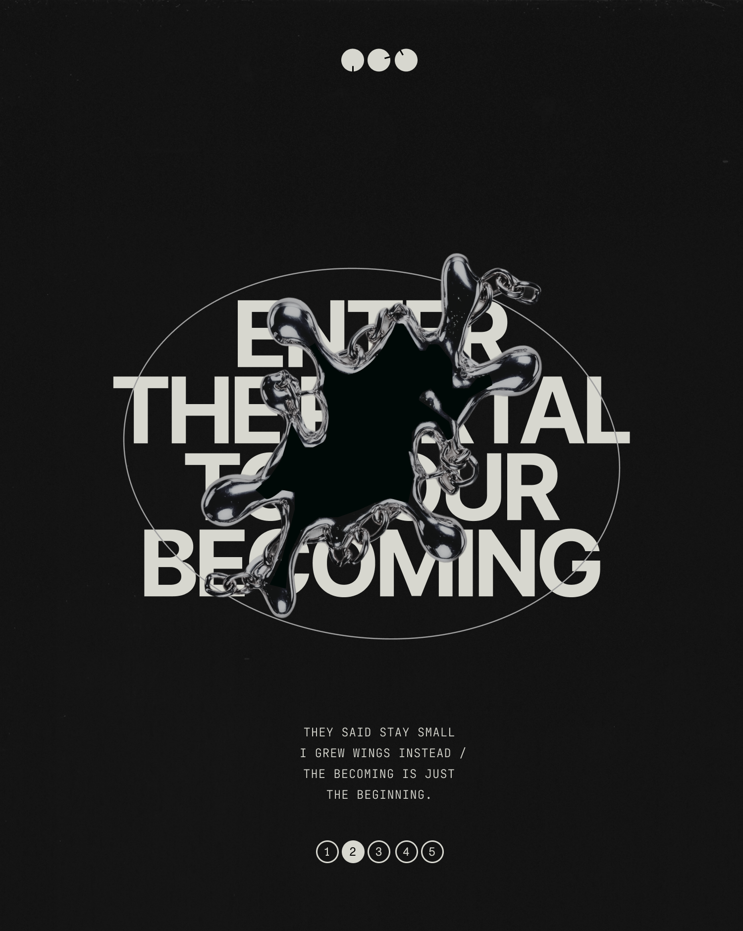 Dark background with a stylized metallic splash shape in the center, overlaying text that reads 'ENROLLMENT, THEN, YOUR BECOMING.' Below, smaller text states, 'THEY SAID STAY SMALL/ I GREW WINGS INSTEAD / THE BECOMING IS JUST THE BEGINNING.'