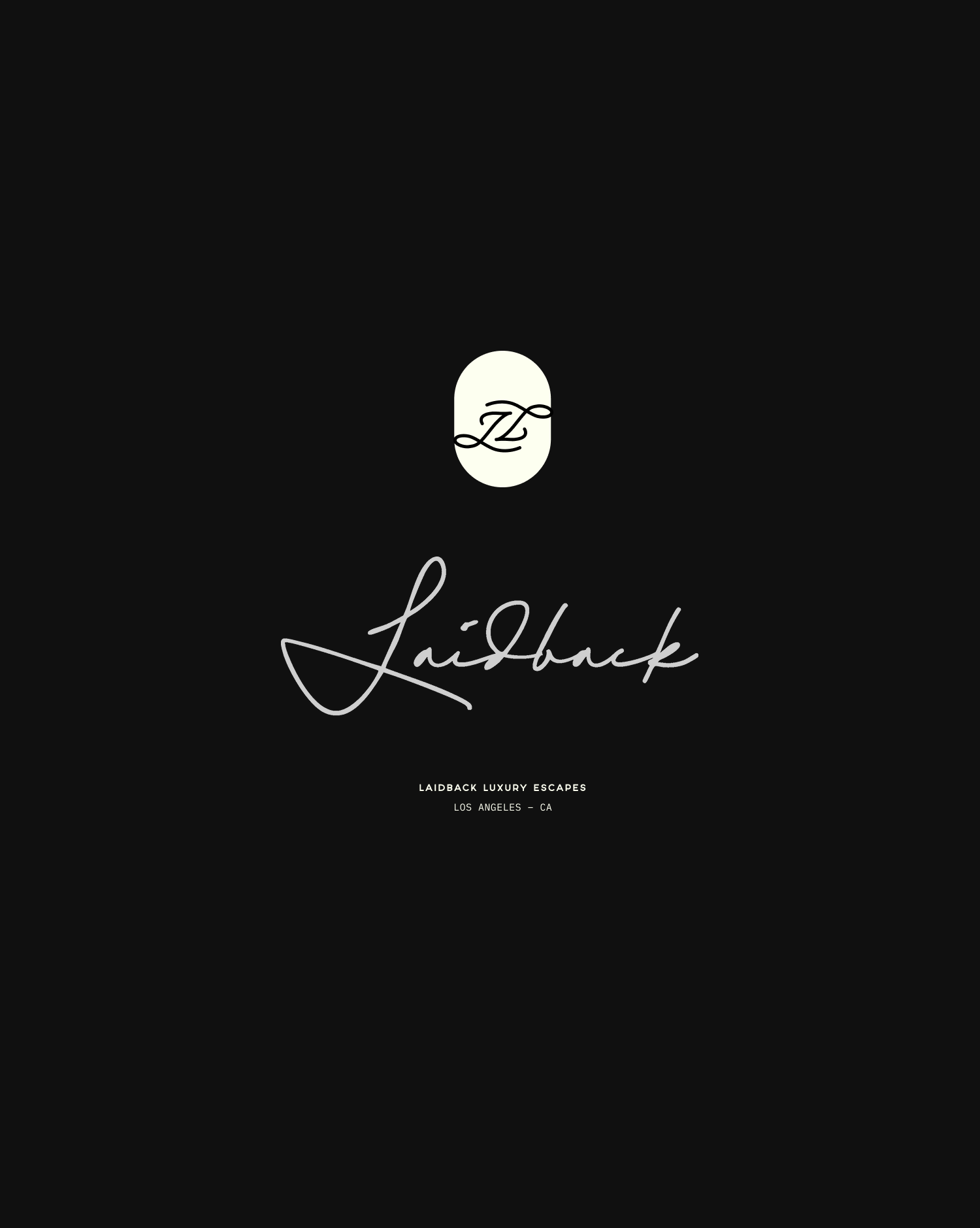 Black background with white text that reads "Laidback Luxury Escapes, Los Angeles - CA" and a white pill-shaped graphic with a black cursive letter "Z" in the center.