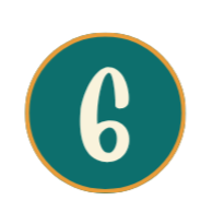 A teal circle with a cream number 6 in the center