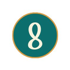 A teal circle with a cream number 8 in the center