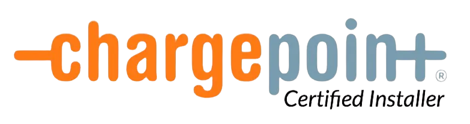 ChargePoint Certified Installer logo featuring orange and blue text on a black background.