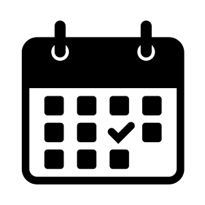 Black and white icon of a calendar with a checkmark on a specific date.
