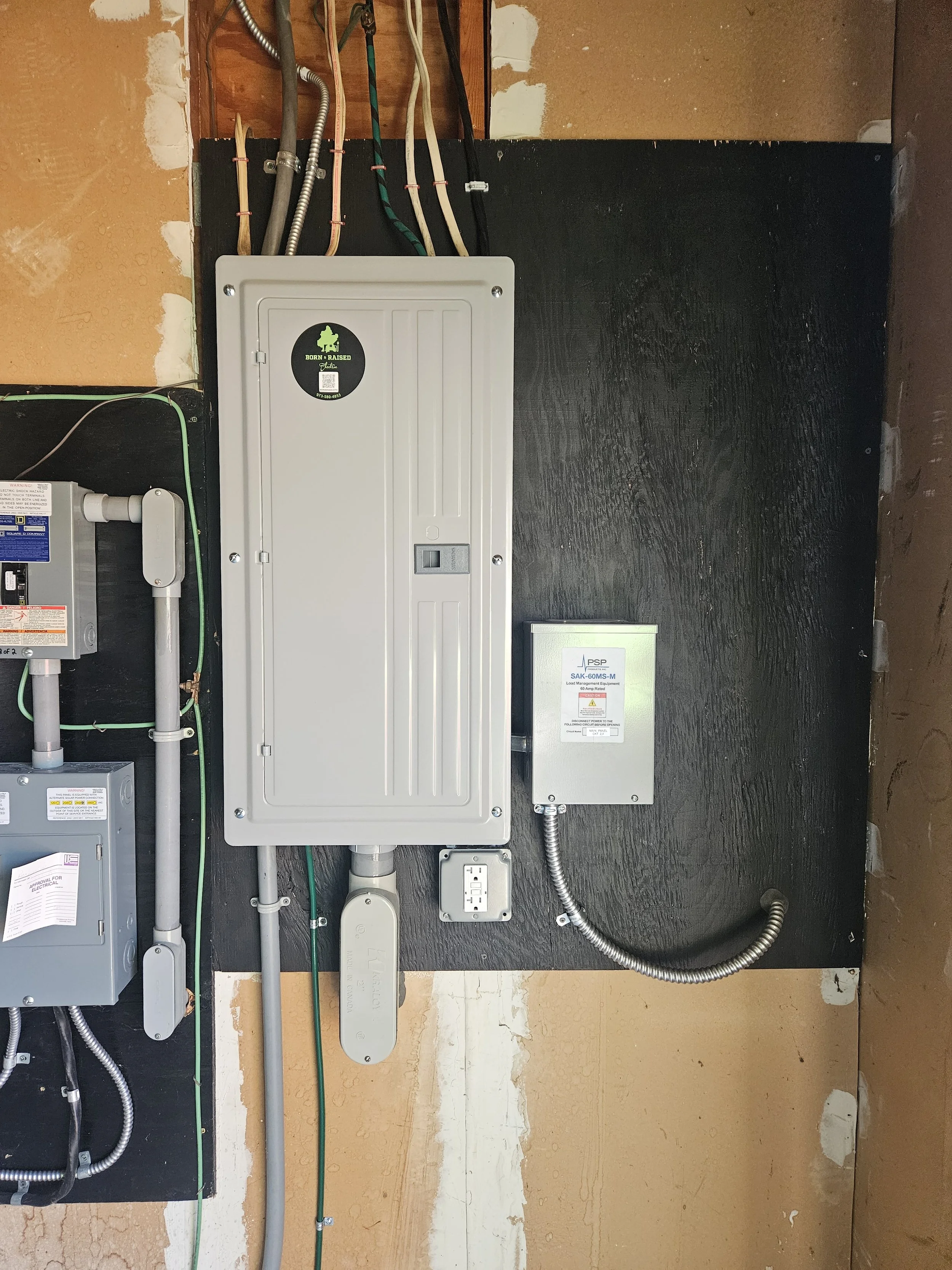 Electrical panel and conduit mounted on a black wall in an unfinished basement with Born & Raised Electric logo